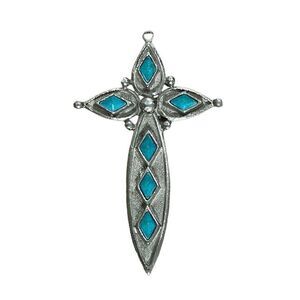 Vintage St. Labre Turquoise Cross Pendant Crucifix Silver Tone